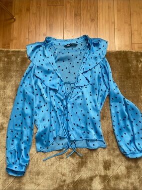Zara Bright Blue Black Polka Dot Ruffle Tie Blouse